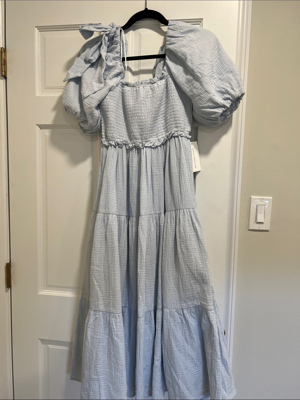 Smocked Puff-Sleeve Midi Dress in Pale Blue